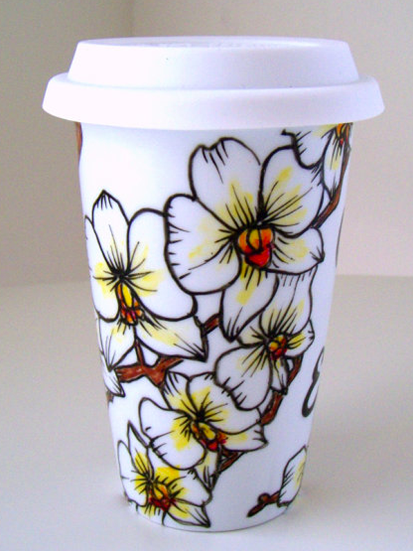Porseleinen koffiebeker met Phalaenopsistekening van sewZinski via Etsy
